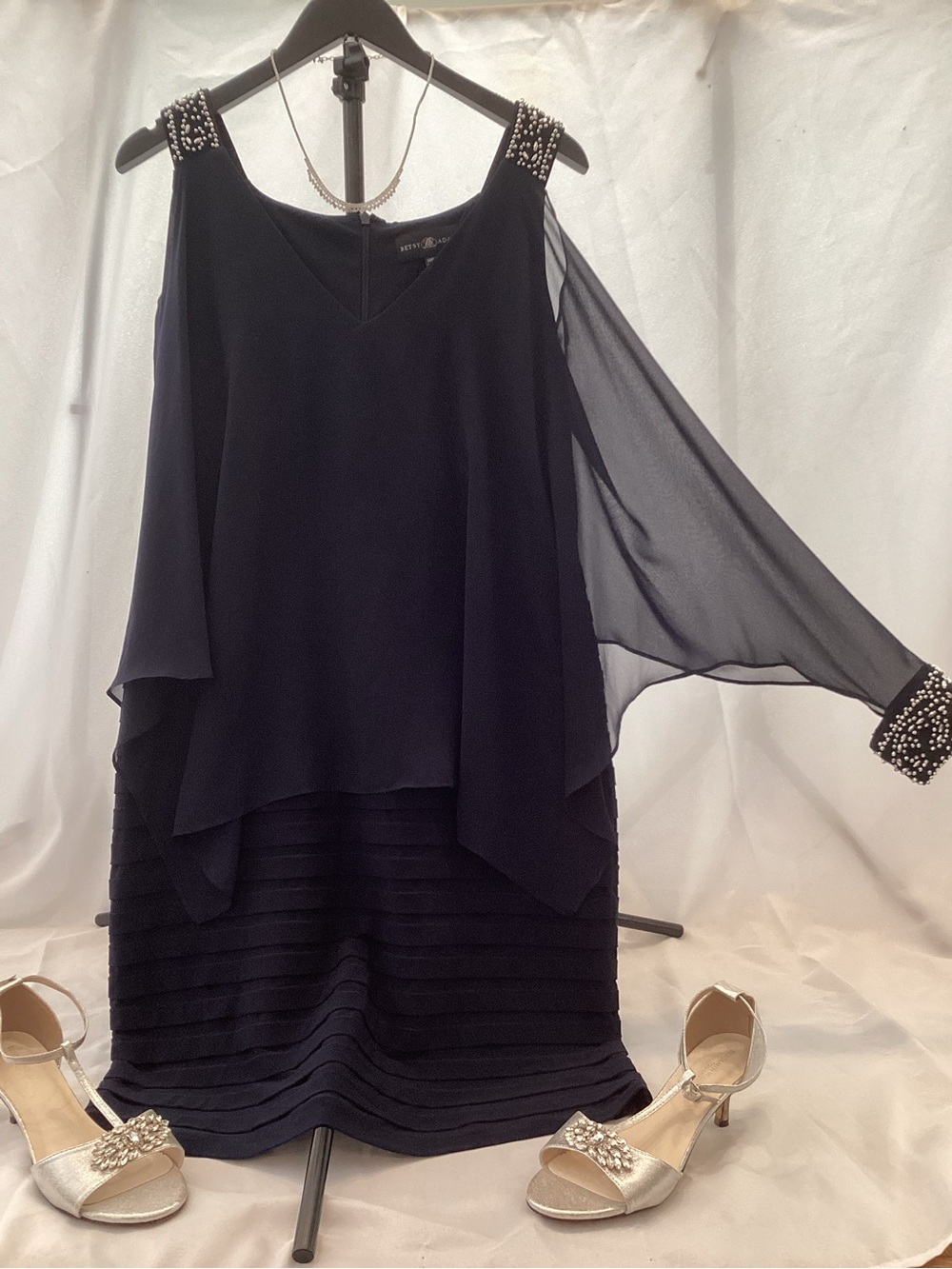Beaded Cold-Shoulder Navy Long Sleeve Evening Dress - Picture 2 of 5